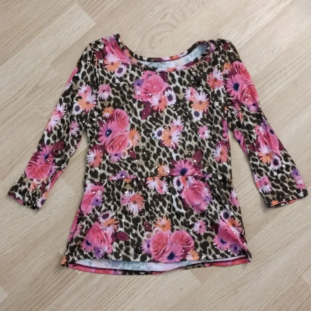 Justice Girls 12 Floral Leopard Print Sequin Long Sleeve Top Multicolor